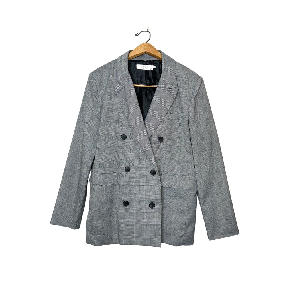 ASTR The Label Womens Double Breasted Oversized Plaid Blazer Jacket Grey Medium